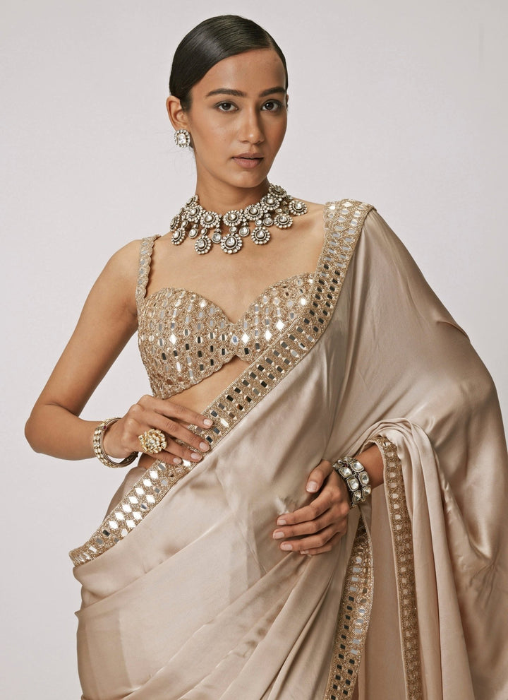 Vvani by Vani Vats Beige Gold Satin Saree With Embroidered Mirror BlouseFabilicious Fashion