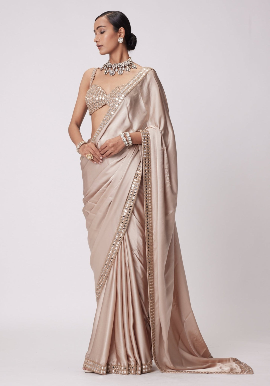 Beige Gold Satin Saree With Embroidered Mirror Blouse Vvani by Vani Vats - Fabilicious Fashion