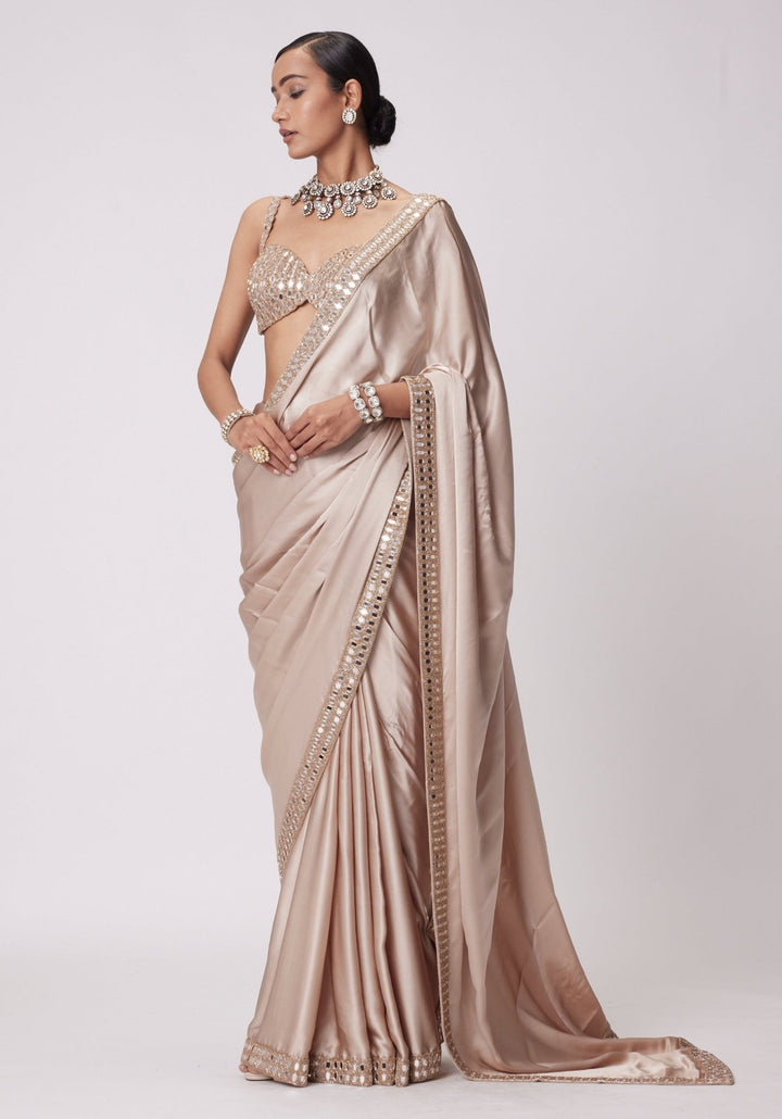 Beige Gold Satin Saree With Embroidered Mirror Blouse Vvani by Vani Vats - Fabilicious Fashion