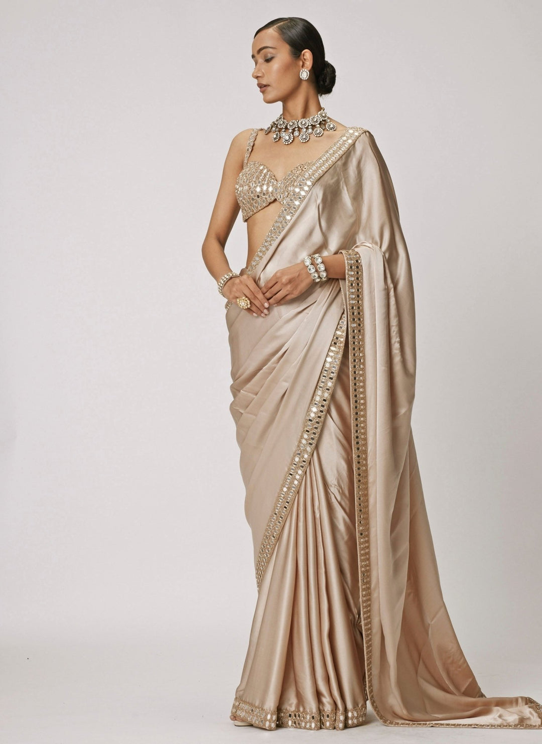 Vvani by Vani Vats Beige Gold Satin Saree With Embroidered Mirror BlouseFabilicious Fashion
