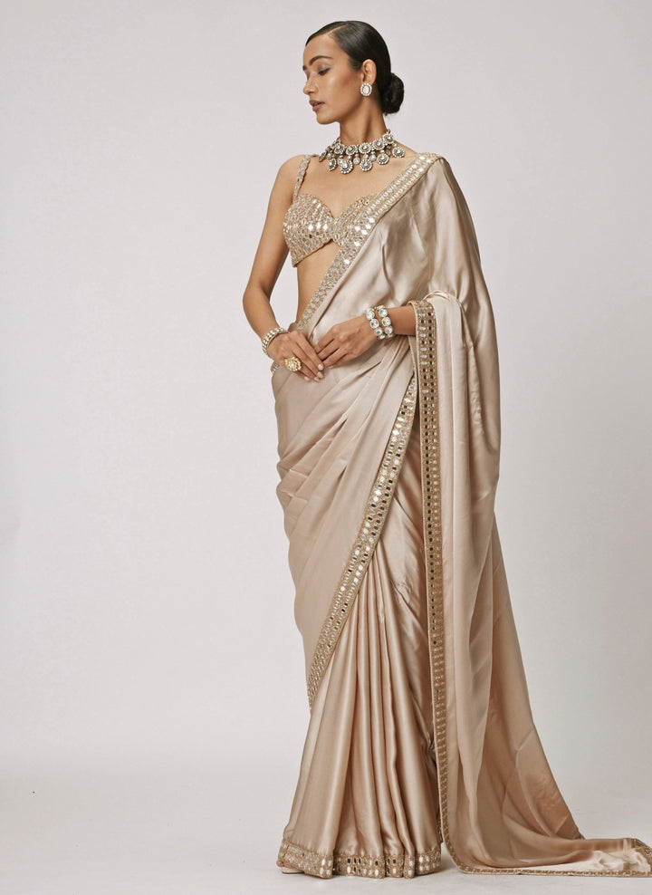 Vvani by Vani Vats Beige Gold Satin Saree With Embroidered Mirror BlouseFabilicious Fashion