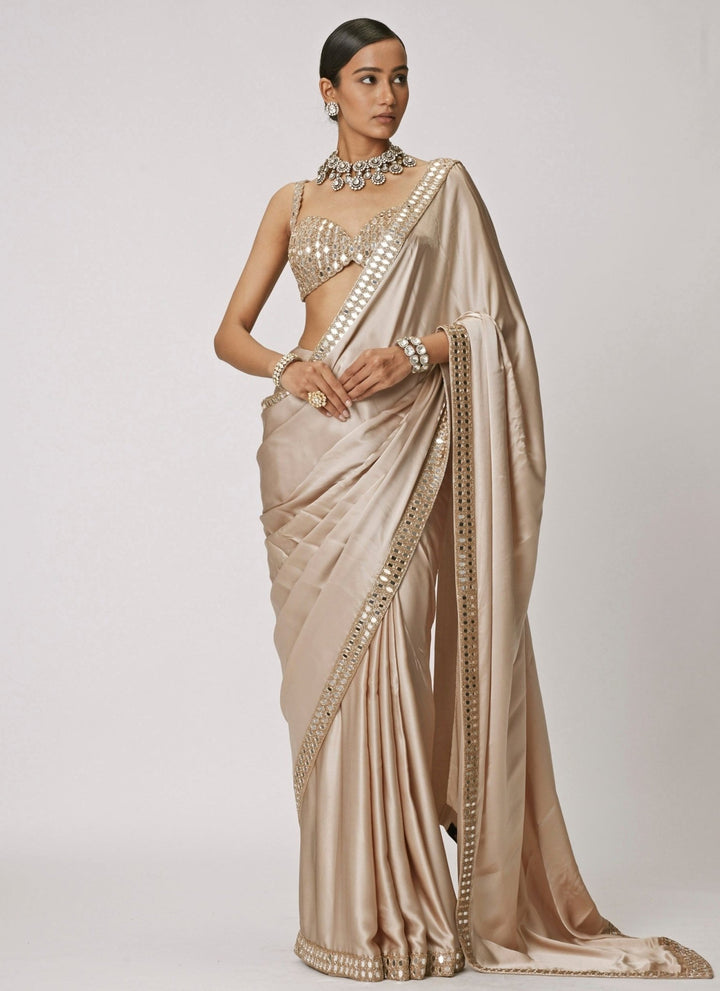 Vvani by Vani Vats Beige Gold Satin Saree With Embroidered Mirror BlouseFabilicious Fashion