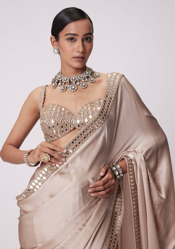 Beige Gold Satin Saree With Embroidered Mirror Blouse Vvani by Vani Vats - Fabilicious Fashion