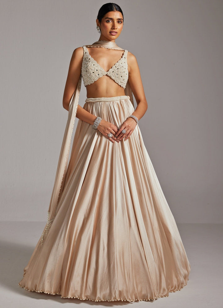 Beige Gold Satin Skirt Set With Stole Vvani by Vani Vats - Fabilicious Fashion