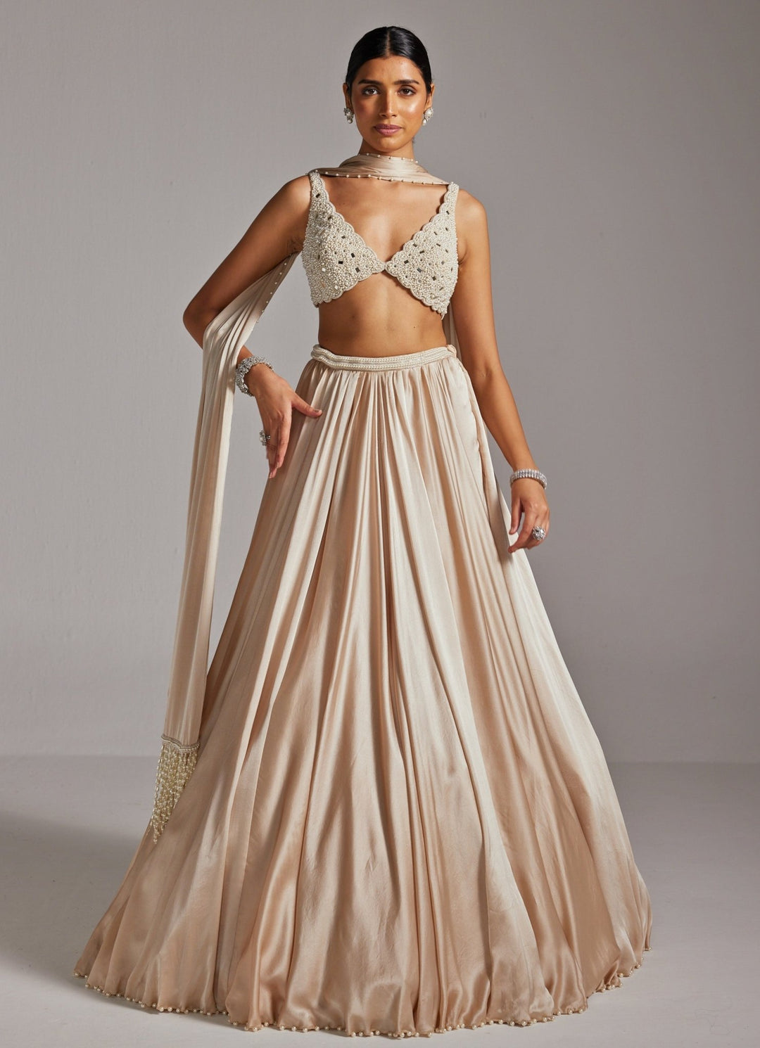 Beige Gold Satin Skirt Set With Stole Vvani by Vani Vats - Fabilicious Fashion