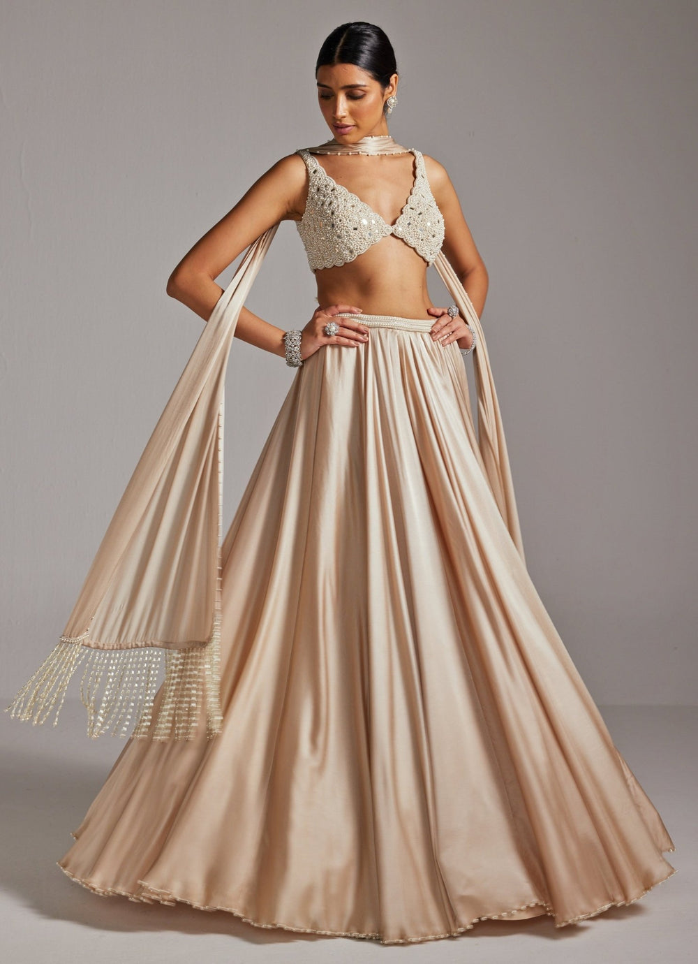 Beige Gold Satin Skirt Set With Stole Vvani by Vani Vats - Fabilicious Fashion