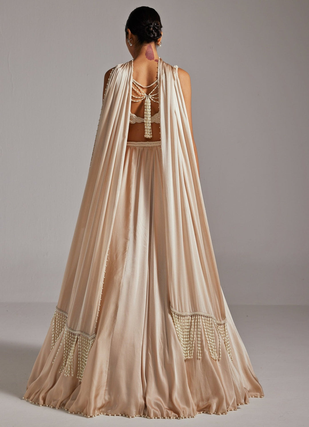 Beige Gold Satin Skirt Set With Stole Vvani by Vani Vats - Fabilicious Fashion