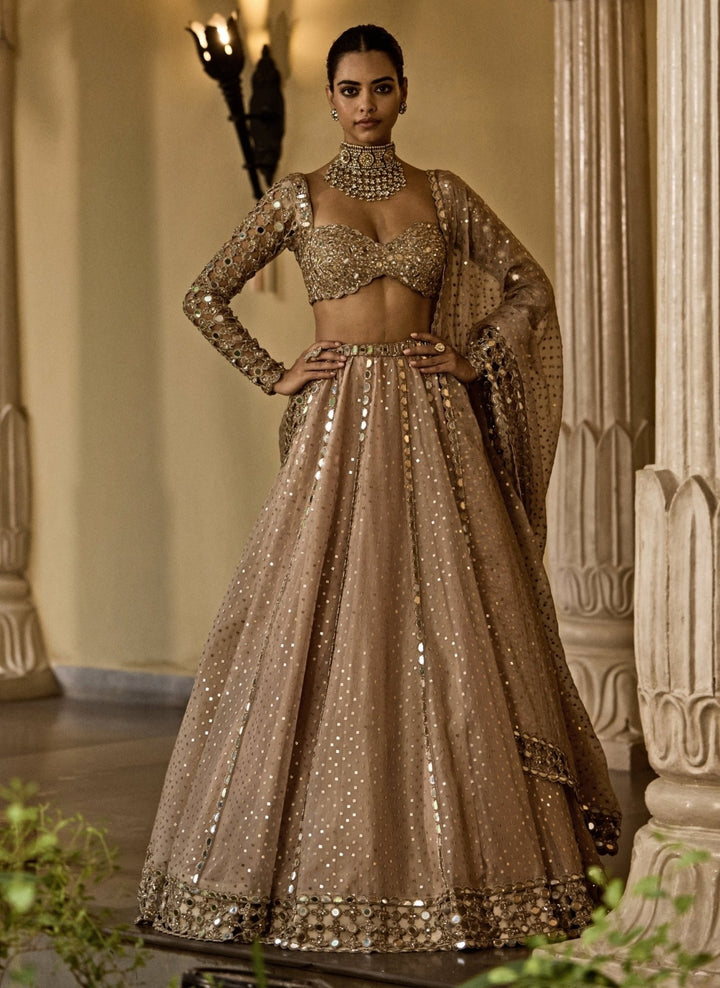 Vvani by Vani Vats Beige Gold Sequins Embroidered Crepe LehengaFabilicious Fashion