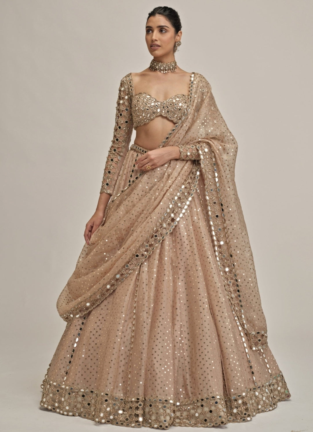 Vvani by Vani Vats Beige Gold Sequins Embroidered Crepe LehengaFabilicious Fashion