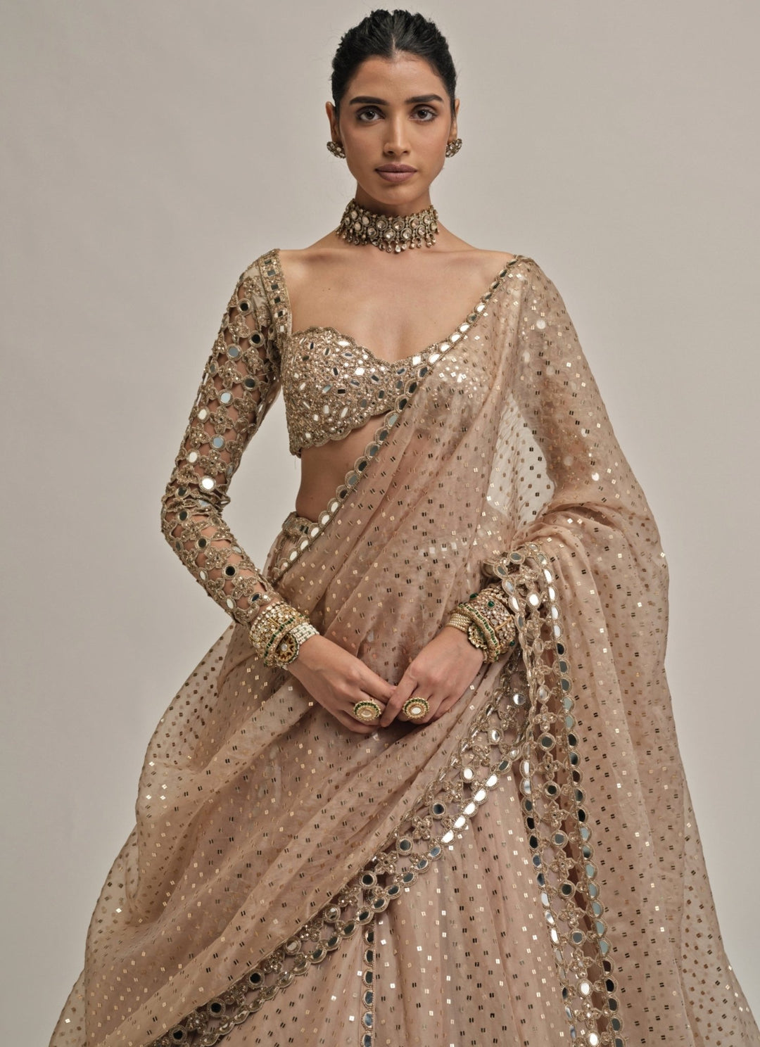 Vvani by Vani Vats Beige Gold Sequins Embroidered Crepe LehengaFabilicious Fashion