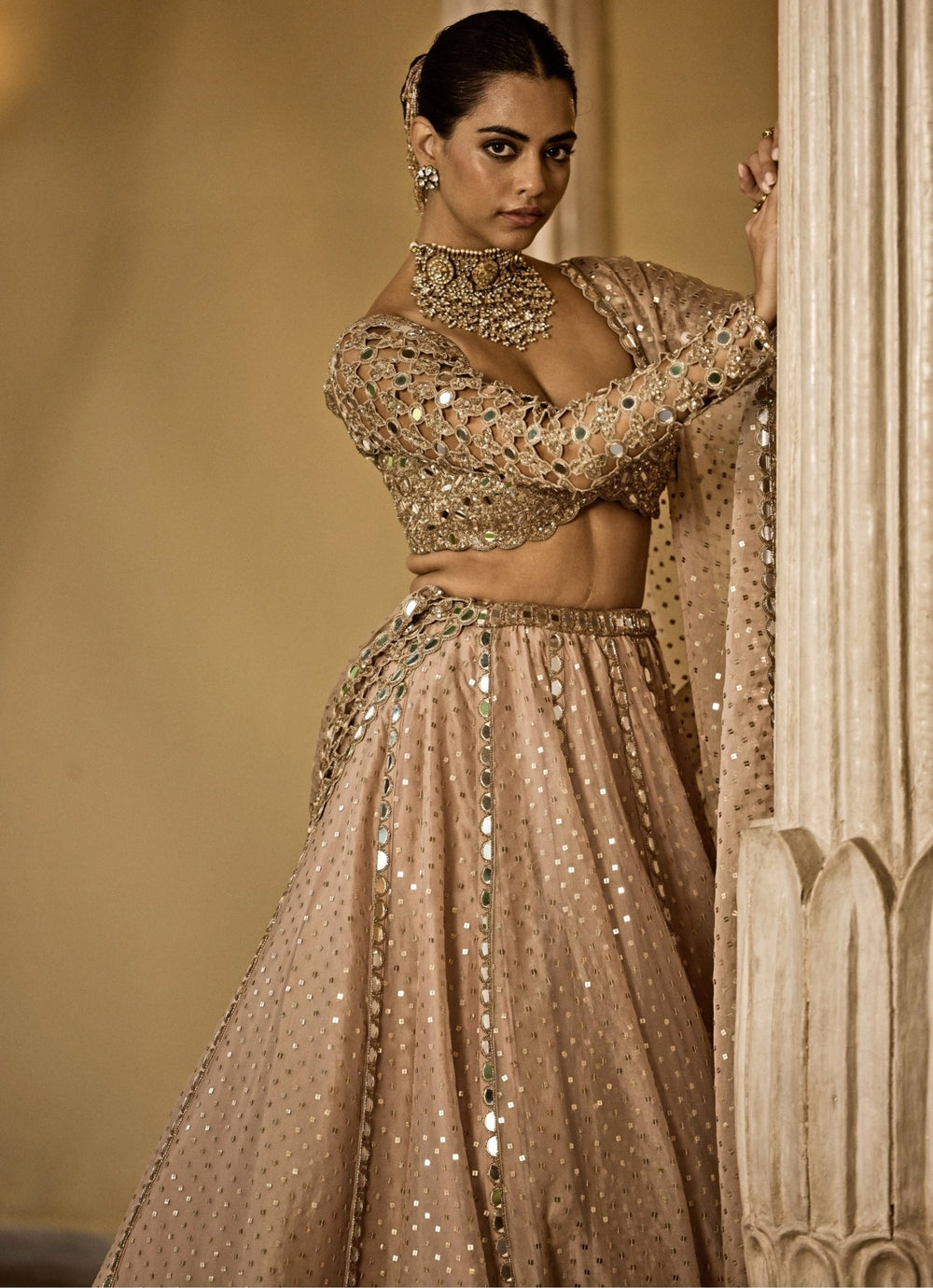 Vvani by Vani Vats Beige Gold Sequins Embroidered Crepe LehengaFabilicious Fashion