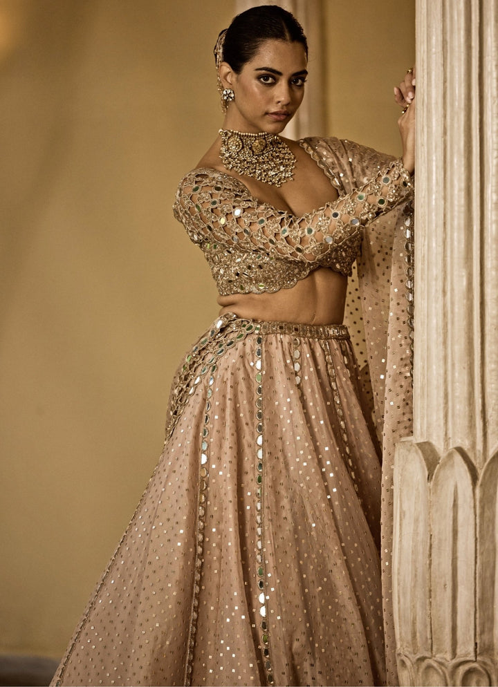 Vvani by Vani Vats Beige Gold Sequins Embroidered Crepe LehengaFabilicious Fashion