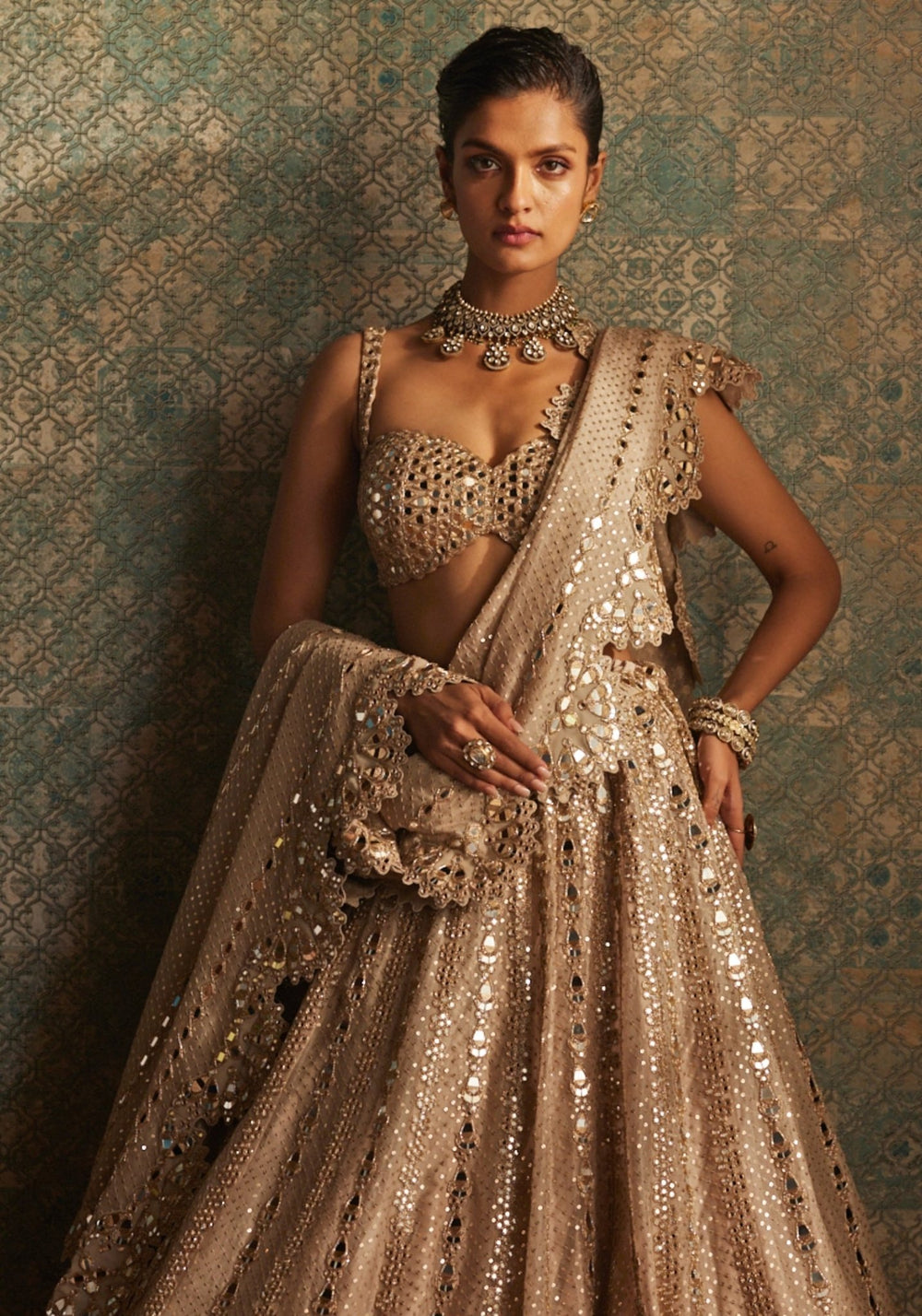 Beige Gold Sequins Lehenga With Embroidered Blouse Vvani by Vani Vats - Fabilicious Fashion