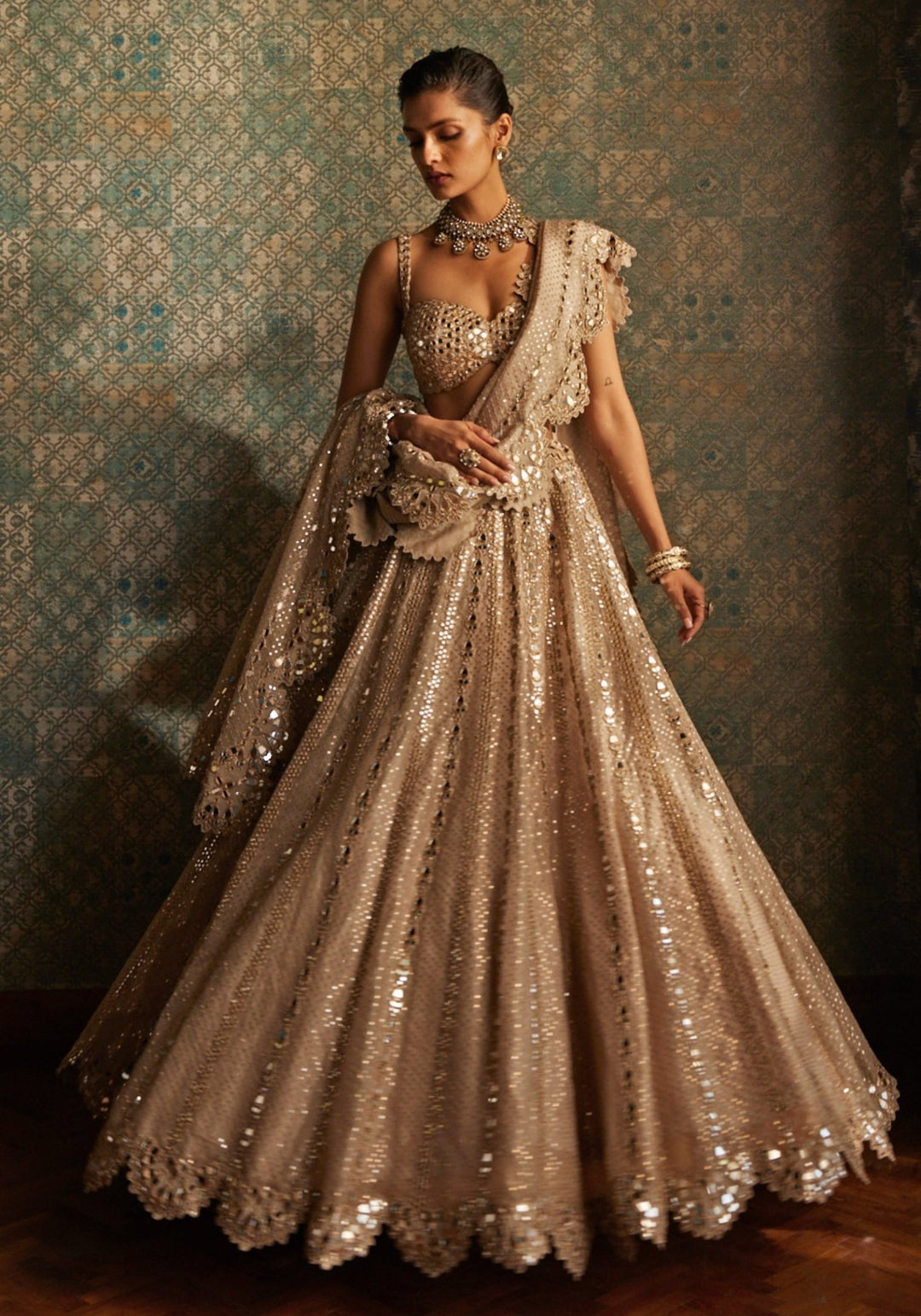 Beige Gold Sequins Lehenga With Embroidered Blouse Vvani by Vani Vats - Fabilicious Fashion