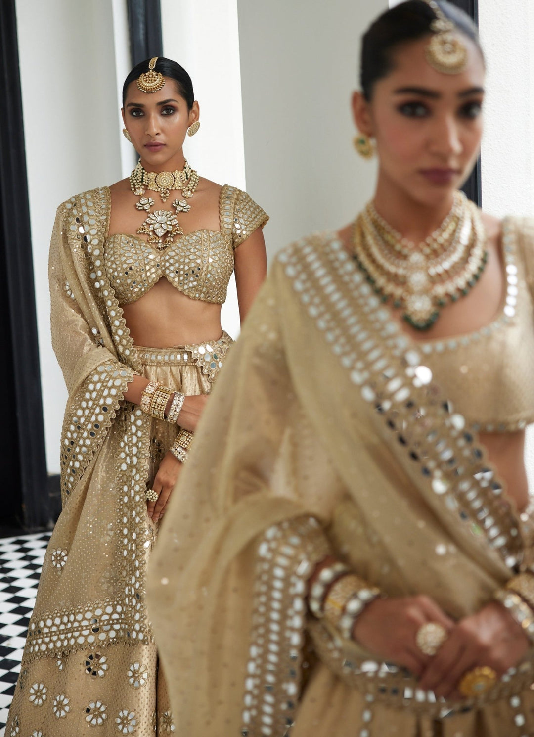 Beige Gold Shimmer Embroidered Organza Lehenga With Classic Blouse Vvani By Vani Vats - Fabilicious Fashion