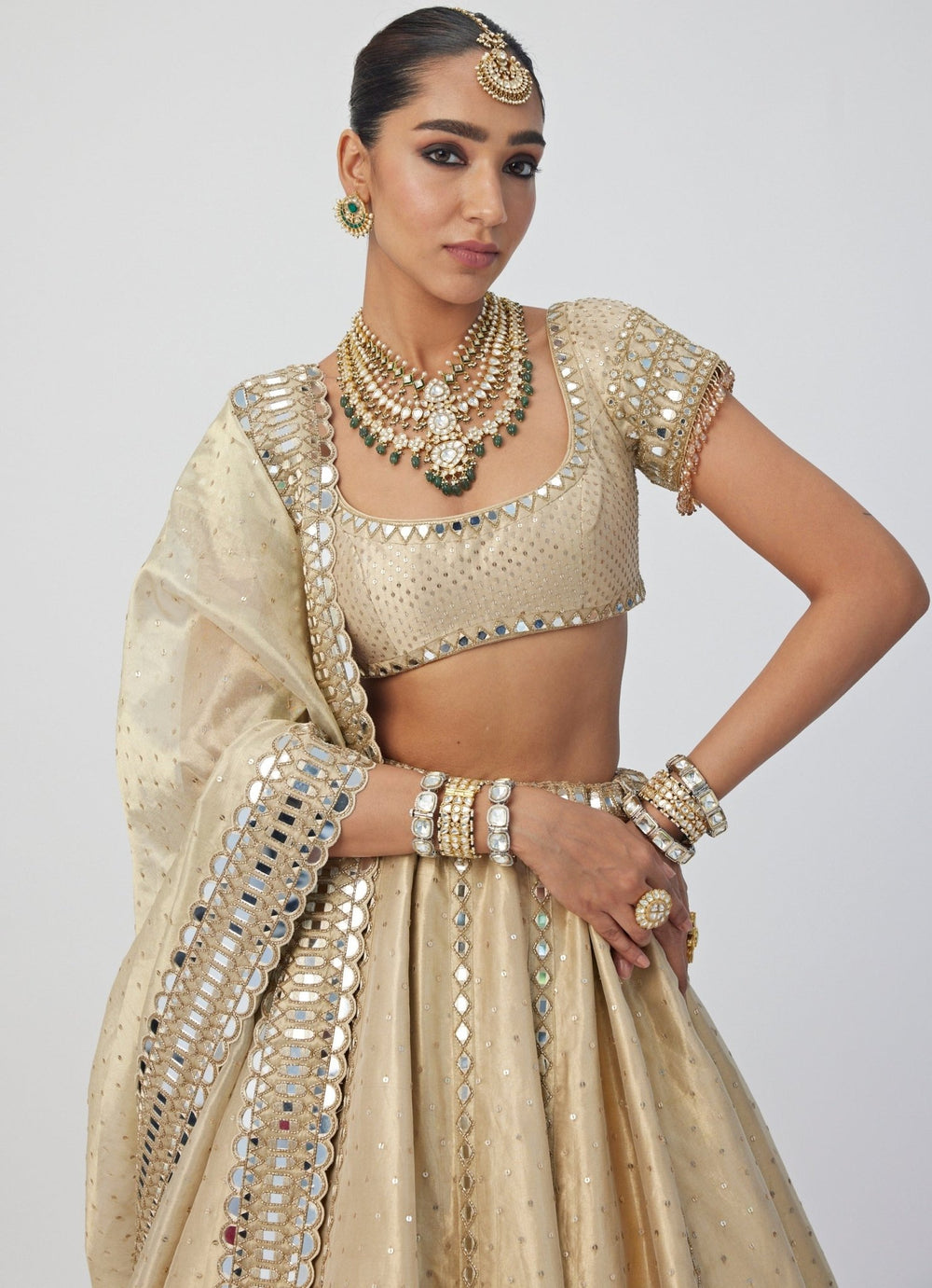 Beige Gold Shimmer Embroidered Organza Lehenga With Classic Blouse Vvani By Vani Vats - Fabilicious Fashion