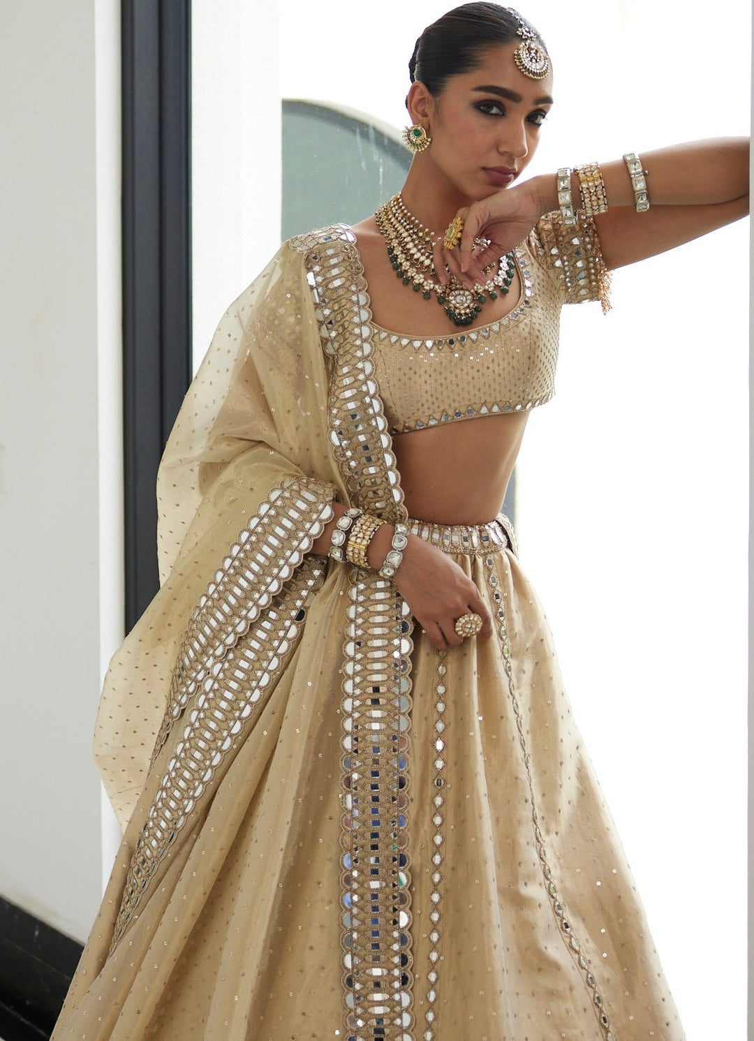 Beige Gold Shimmer Embroidered Organza Lehenga With Classic Blouse Vvani By Vani Vats - Fabilicious Fashion