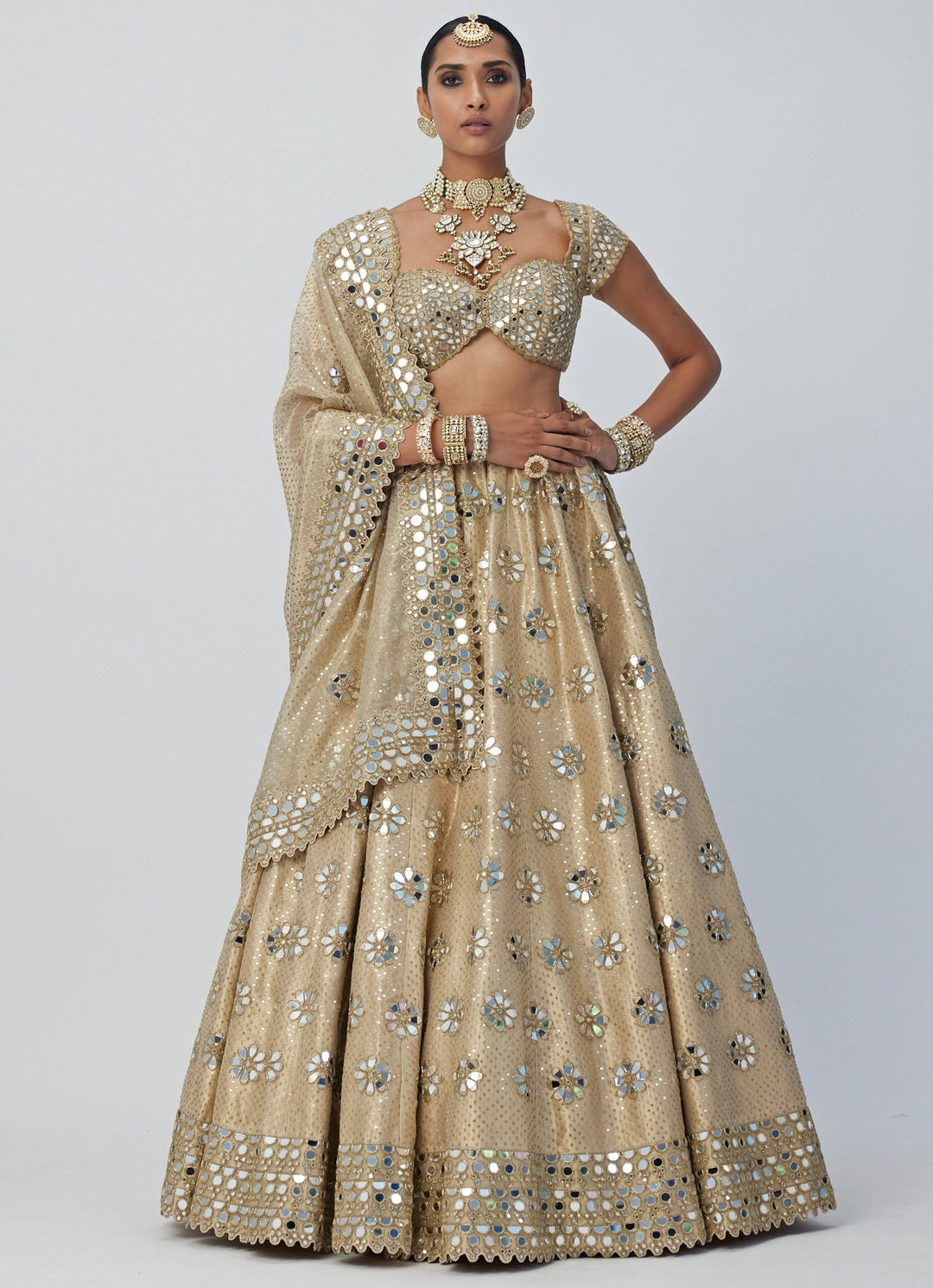 Beige Gold Shimmer Flower Mirror Motif Embroidered Organza Lehenga Set Vvani By Vani Vats - Fabilicious Fashion