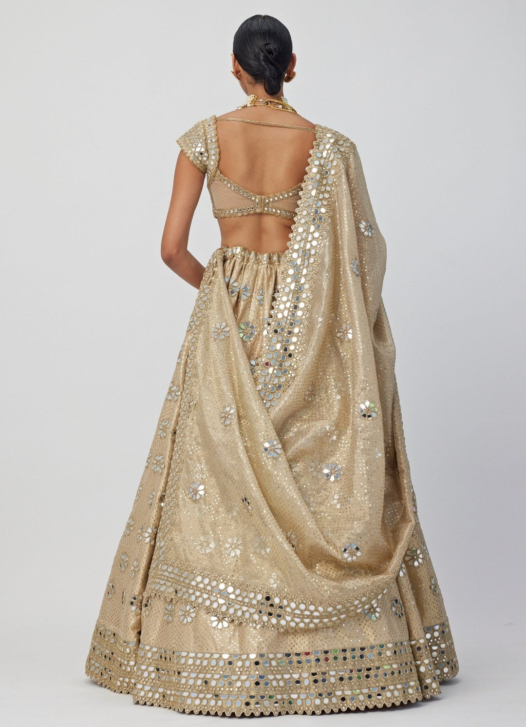 Beige Gold Shimmer Flower Mirror Motif Embroidered Organza Lehenga Set Vvani By Vani Vats - Fabilicious Fashion
