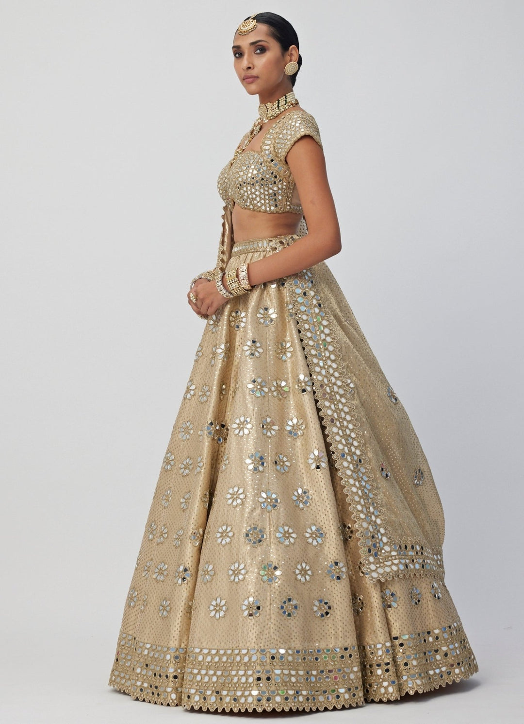 Beige Gold Shimmer Flower Mirror Motif Embroidered Organza Lehenga Set Vvani By Vani Vats - Fabilicious Fashion