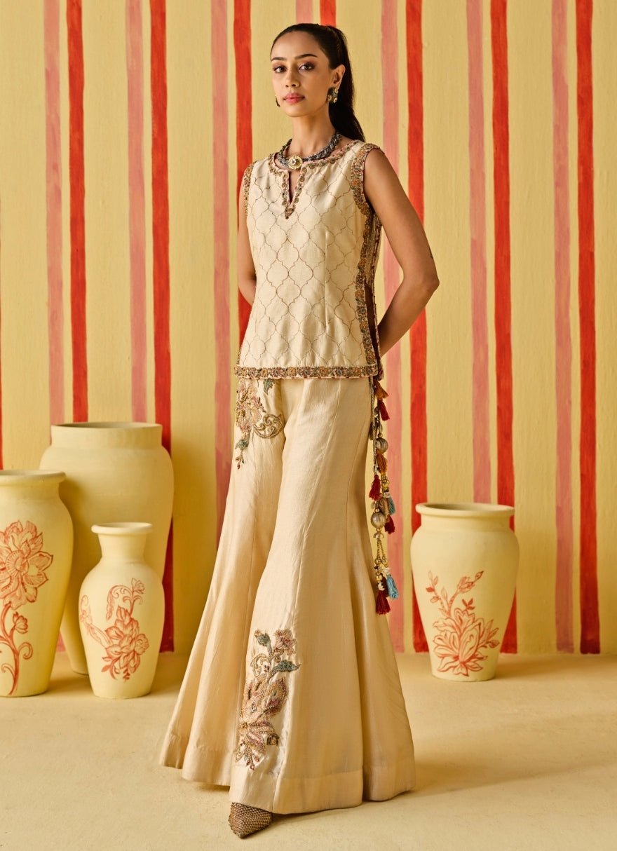 Beige Gold Silk Jacket Sharara Set Studio Bagechaa - Fabilicious Fashion