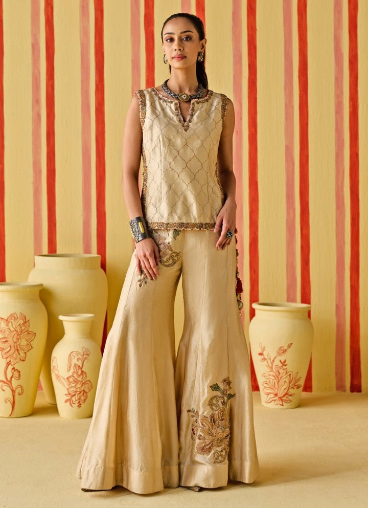 Beige Gold Silk Jacket Sharara Set Studio Bagechaa - Fabilicious Fashion