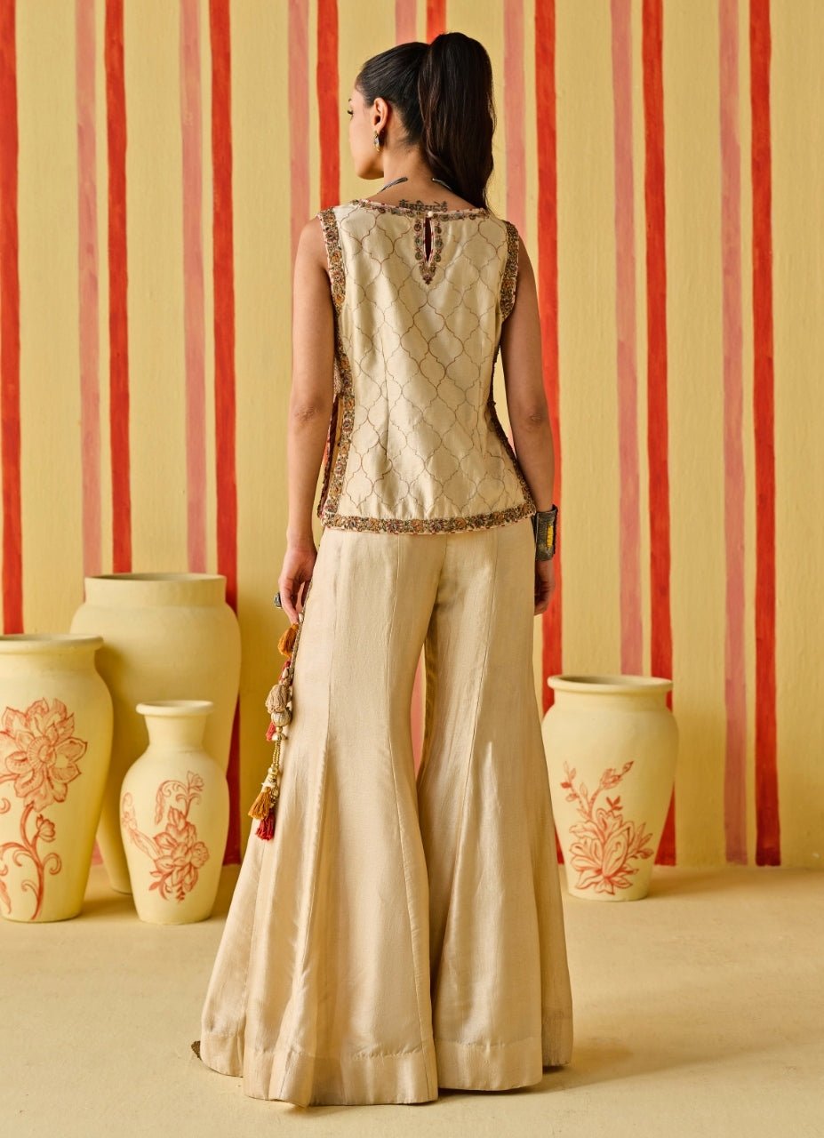 Beige Gold Silk Jacket Sharara Set Studio Bagechaa - Fabilicious Fashion