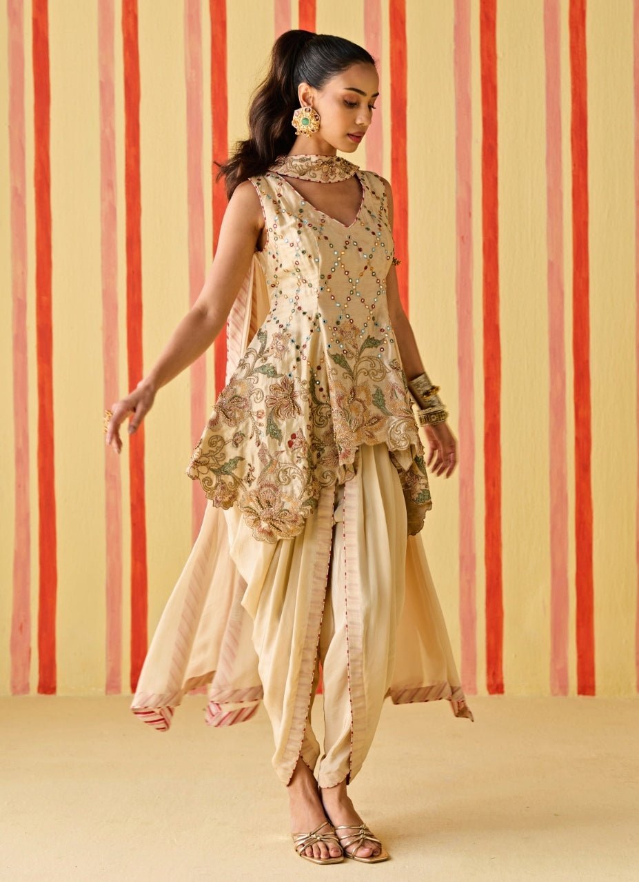 Beige Gold Silk Kurta Dhoti Set Studio Bagechaa - Fabilicious Fashion