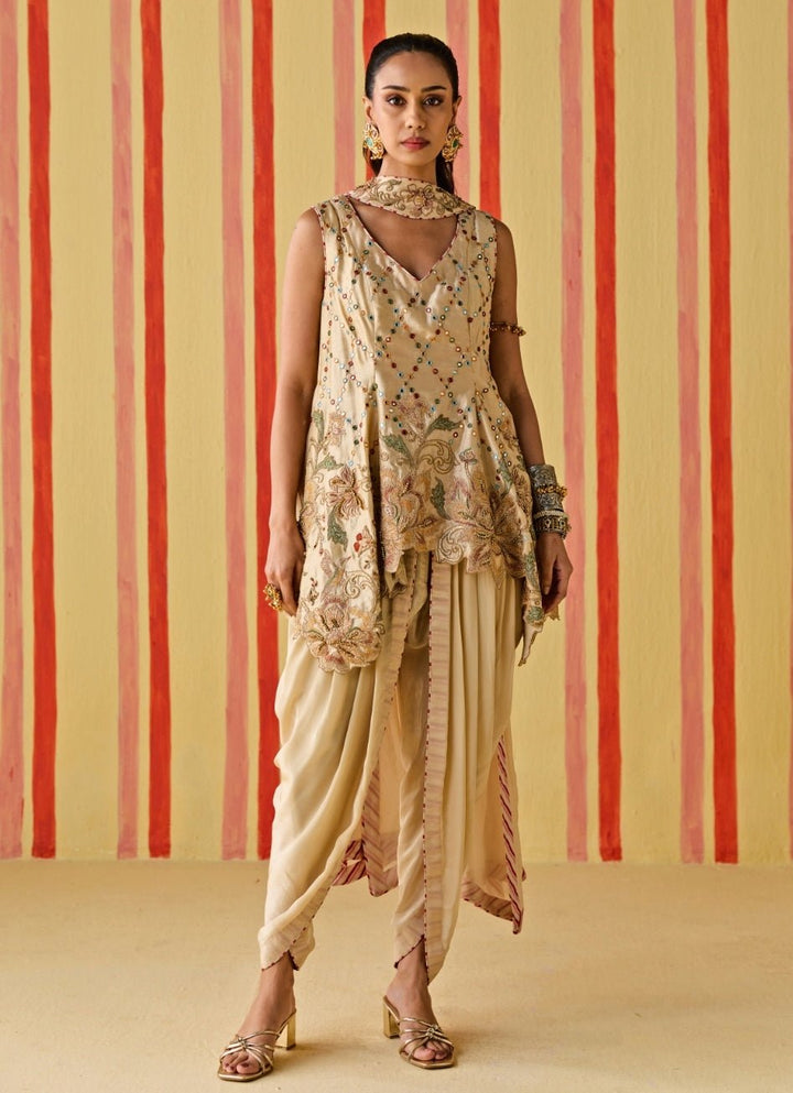 Beige Gold Silk Kurta Dhoti Set Studio Bagechaa - Fabilicious Fashion