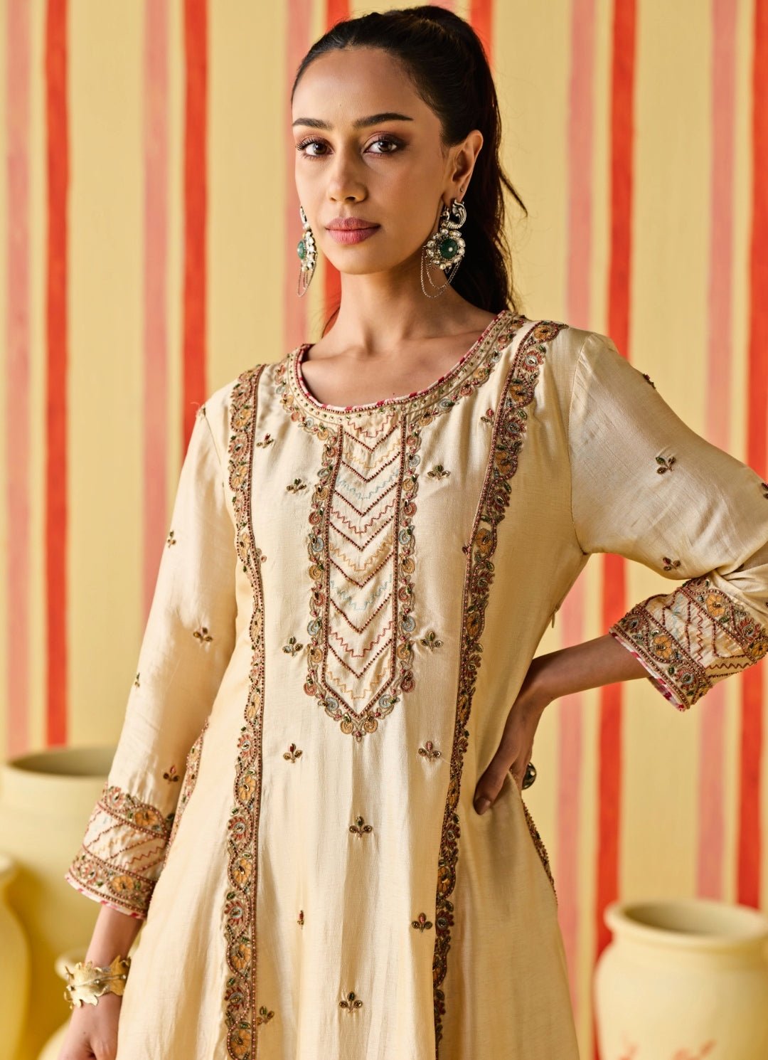 Beige Gold Silk Kurta Pants Set Studio Bagechaa - Fabilicious Fashion