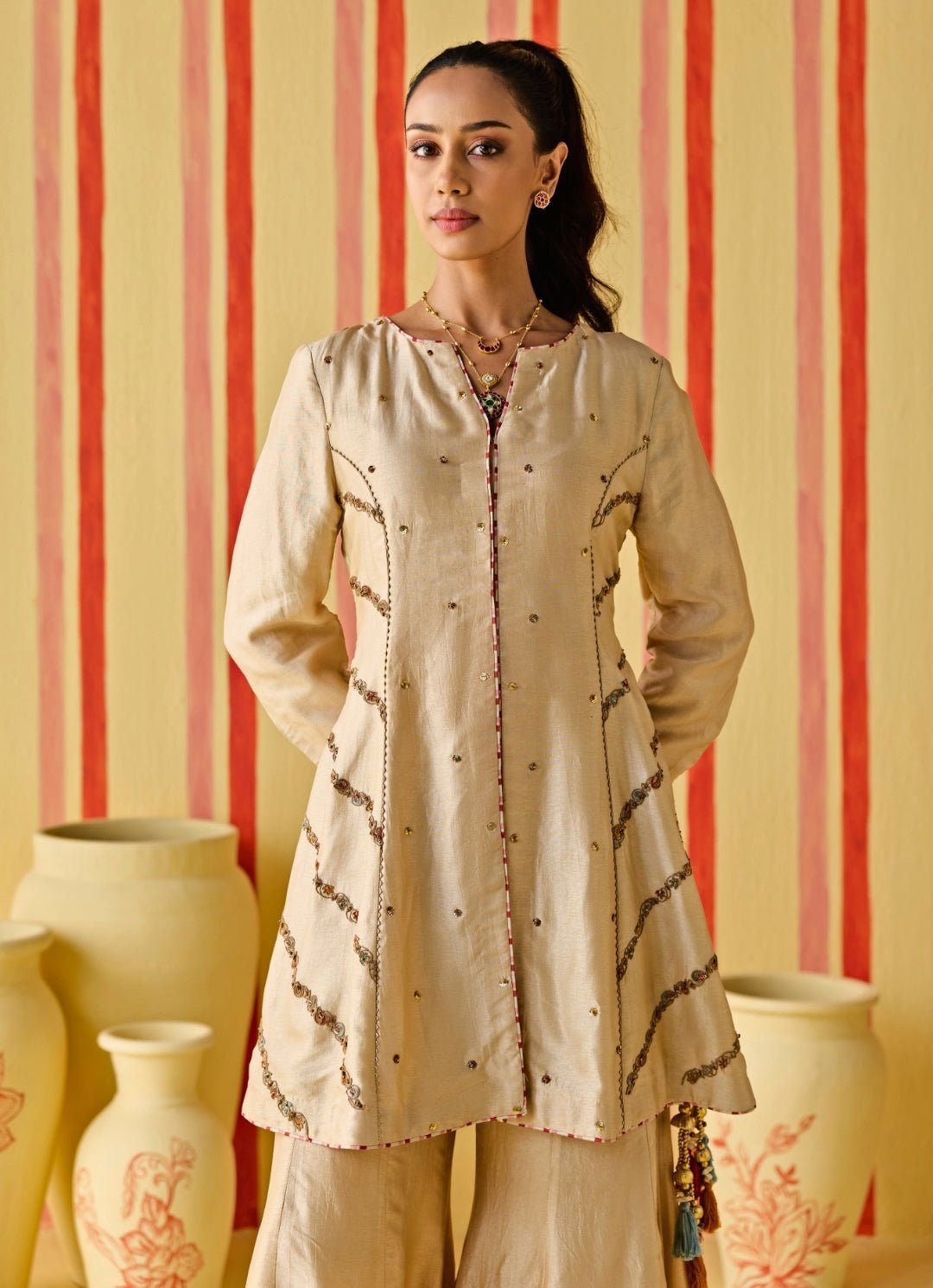 Beige Gold Silk Kurta Sharara Set Studio Bagechaa - Fabilicious Fashion