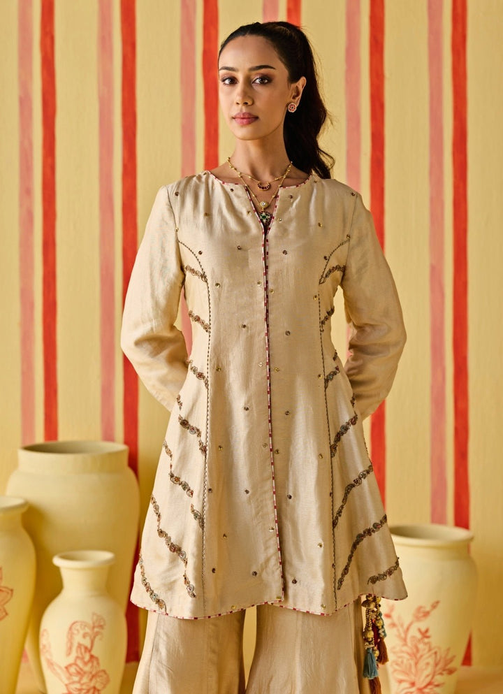 Beige Gold Silk Kurta Sharara Set Studio Bagechaa - Fabilicious Fashion