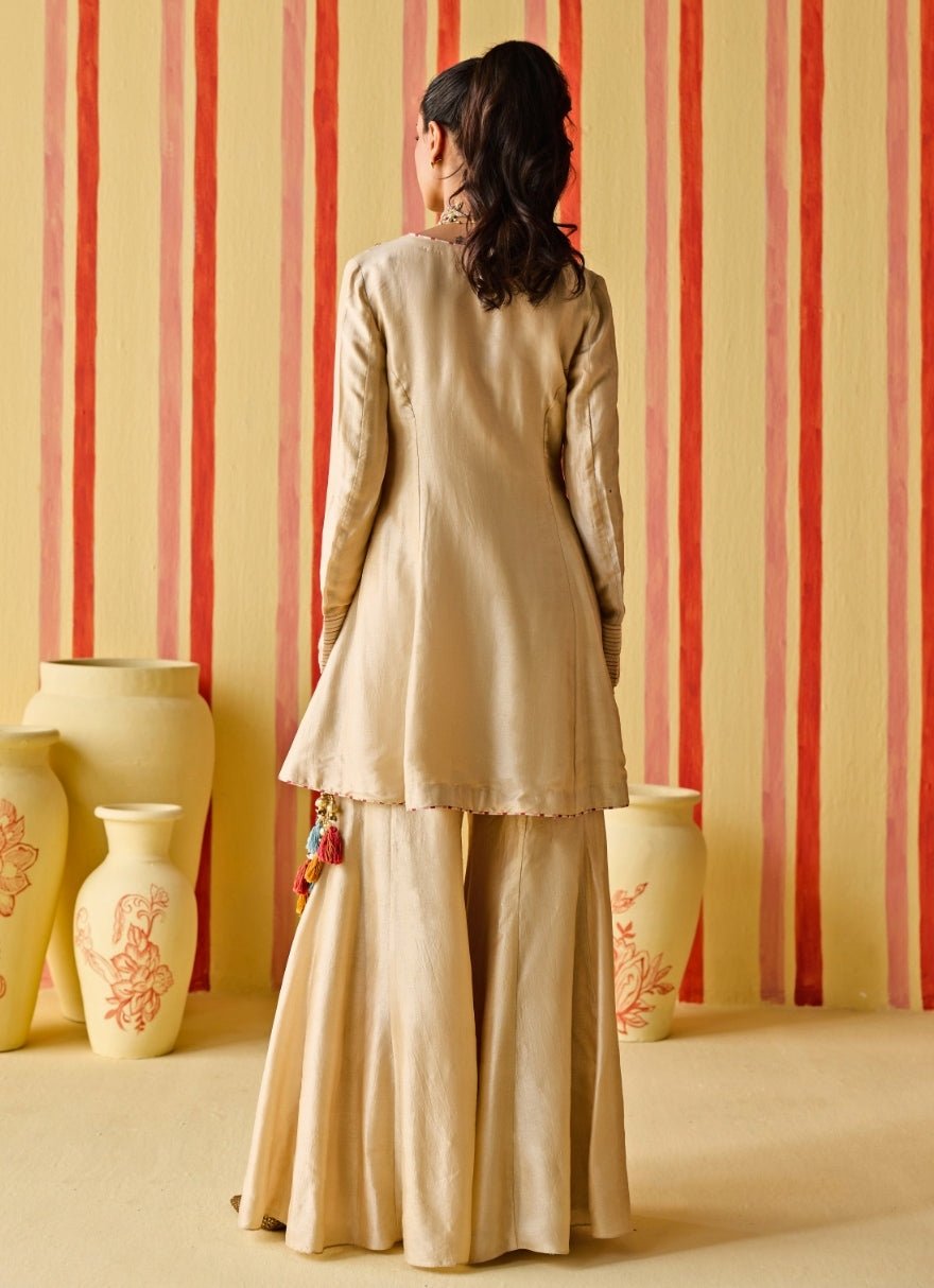 Beige Gold Silk Kurta Sharara Set Studio Bagechaa - Fabilicious Fashion