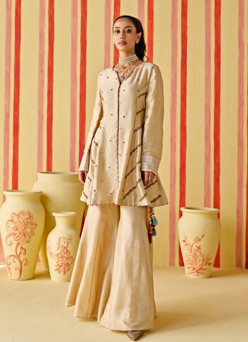Beige Gold Silk Kurta Sharara Set Studio Bagechaa - Fabilicious Fashion