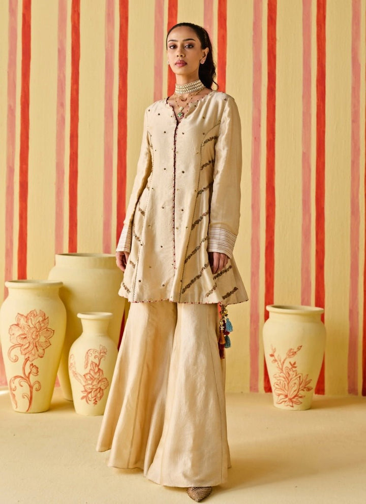 Beige Gold Silk Kurta Sharara Set Studio Bagechaa - Fabilicious Fashion