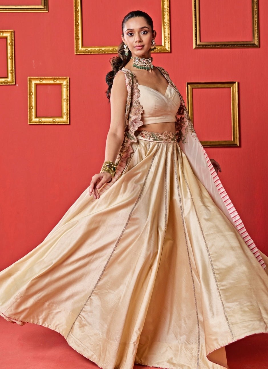 Beige Gold Silk Lehenga Set With Cape Studio Bagechaa - Fabilicious Fashion