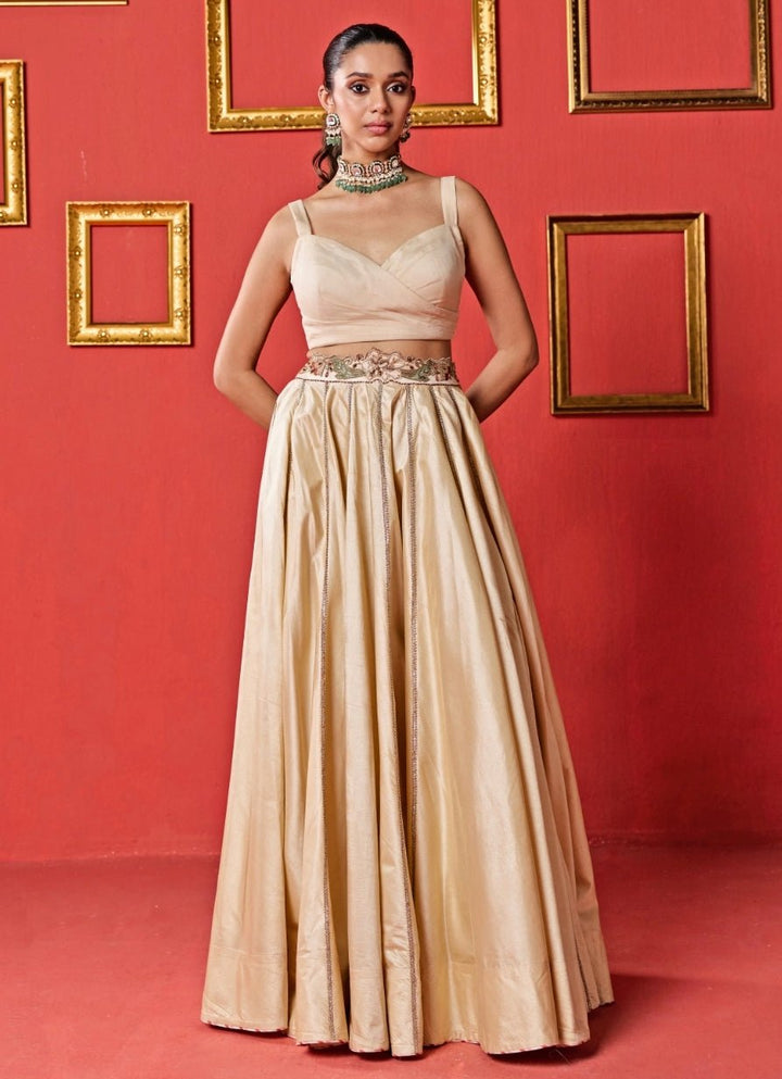 Beige Gold Silk Lehenga Set With Cape Studio Bagechaa - Fabilicious Fashion