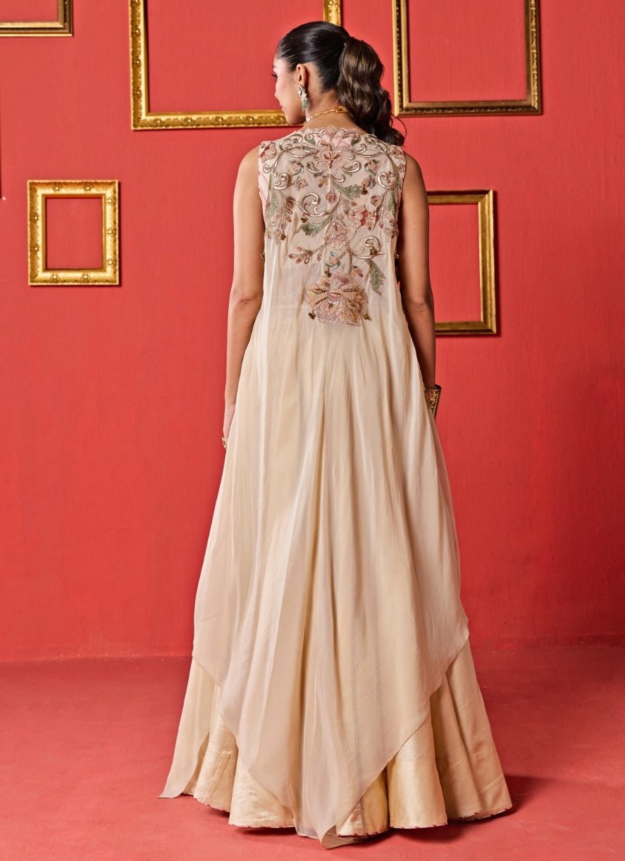 Beige Gold Silk Lehenga Set With Cape Studio Bagechaa - Fabilicious Fashion