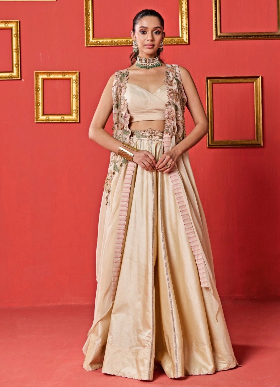 Beige Gold Silk Lehenga Set With Cape Studio Bagechaa - Fabilicious Fashion