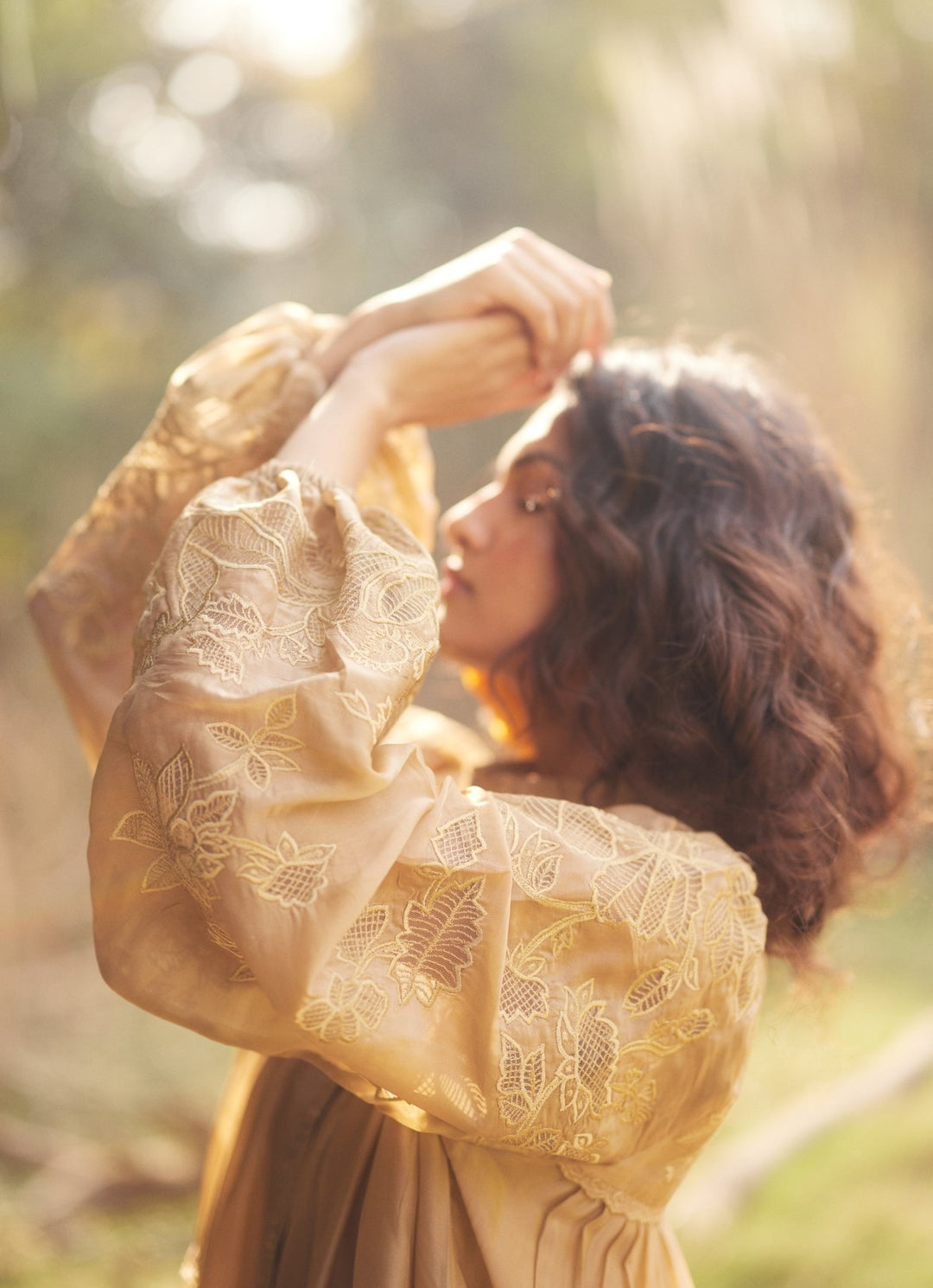 Beige Gold Silk Organza Dress Paulmi and Harsh - Fabilicious Fashion