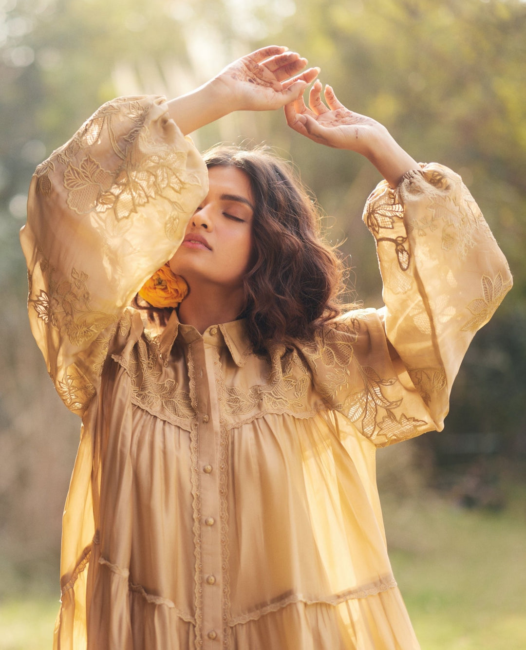 Beige Gold Silk Organza Dress Paulmi and Harsh - Fabilicious Fashion