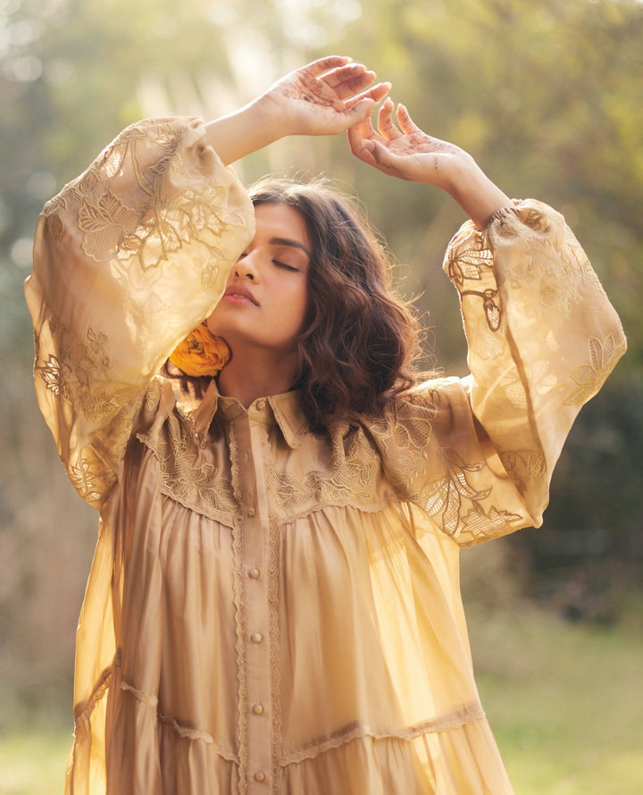 Beige Gold Silk Organza Dress Paulmi and Harsh - Fabilicious Fashion