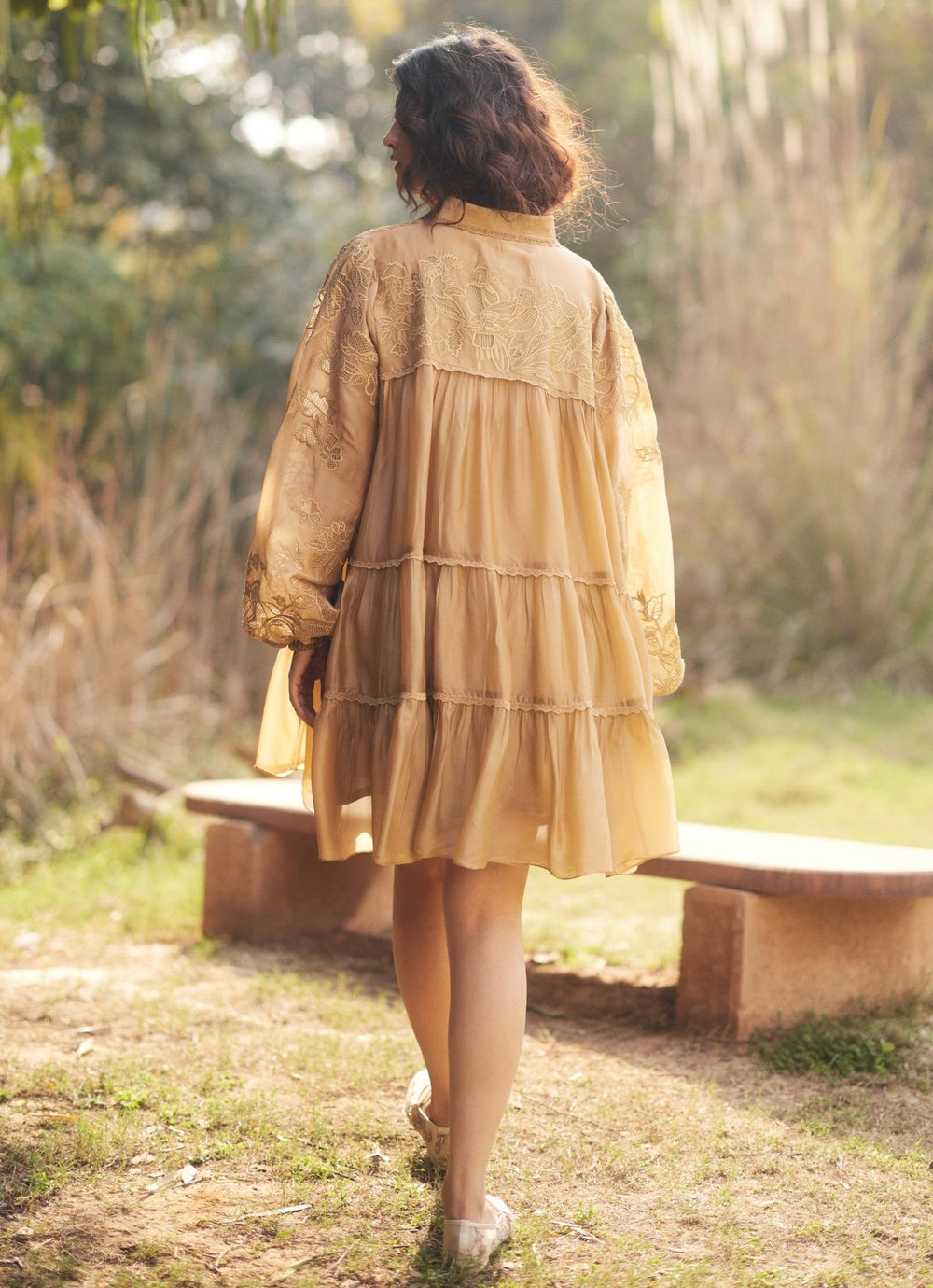 Beige Gold Silk Organza Dress Paulmi and Harsh - Fabilicious Fashion