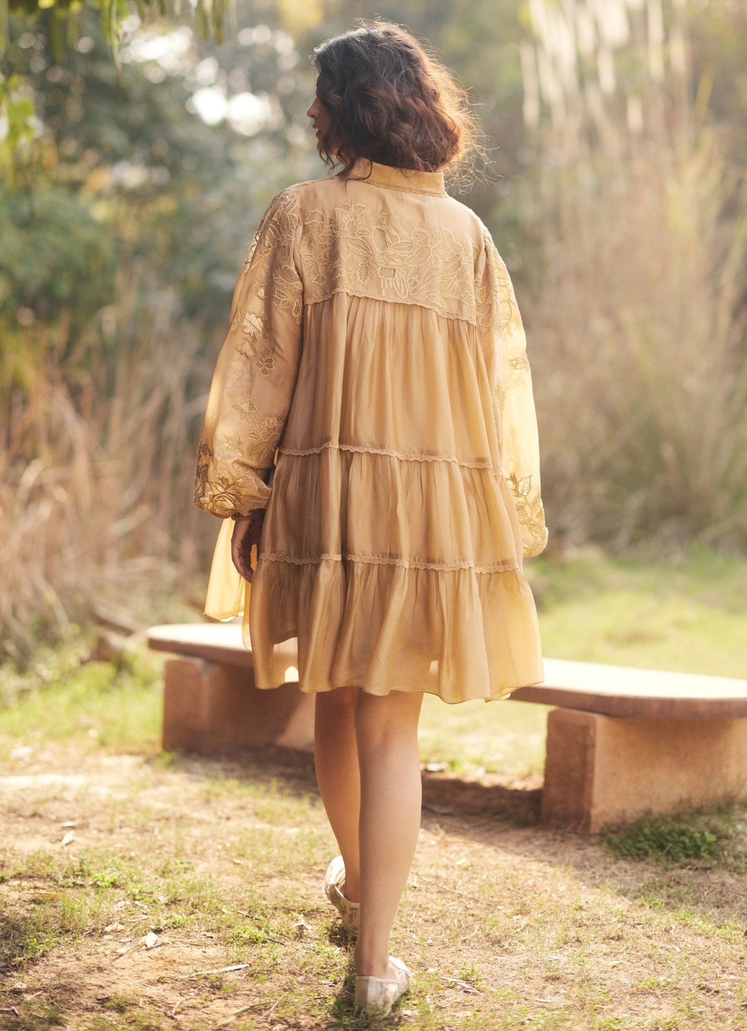 Beige Gold Silk Organza Dress Paulmi and Harsh - Fabilicious Fashion