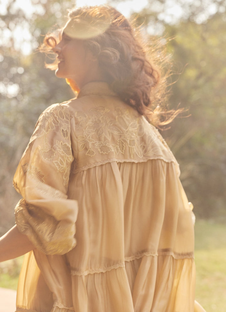 Beige Gold Silk Organza Dress Paulmi and Harsh - Fabilicious Fashion