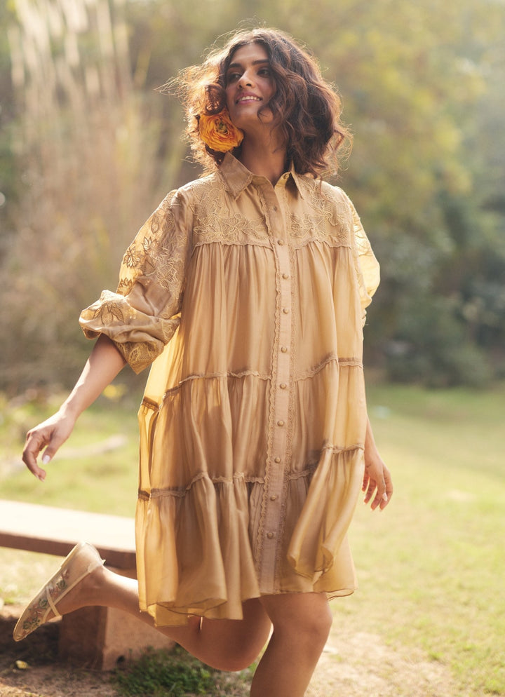 Beige Gold Silk Organza Dress Paulmi and Harsh - Fabilicious Fashion