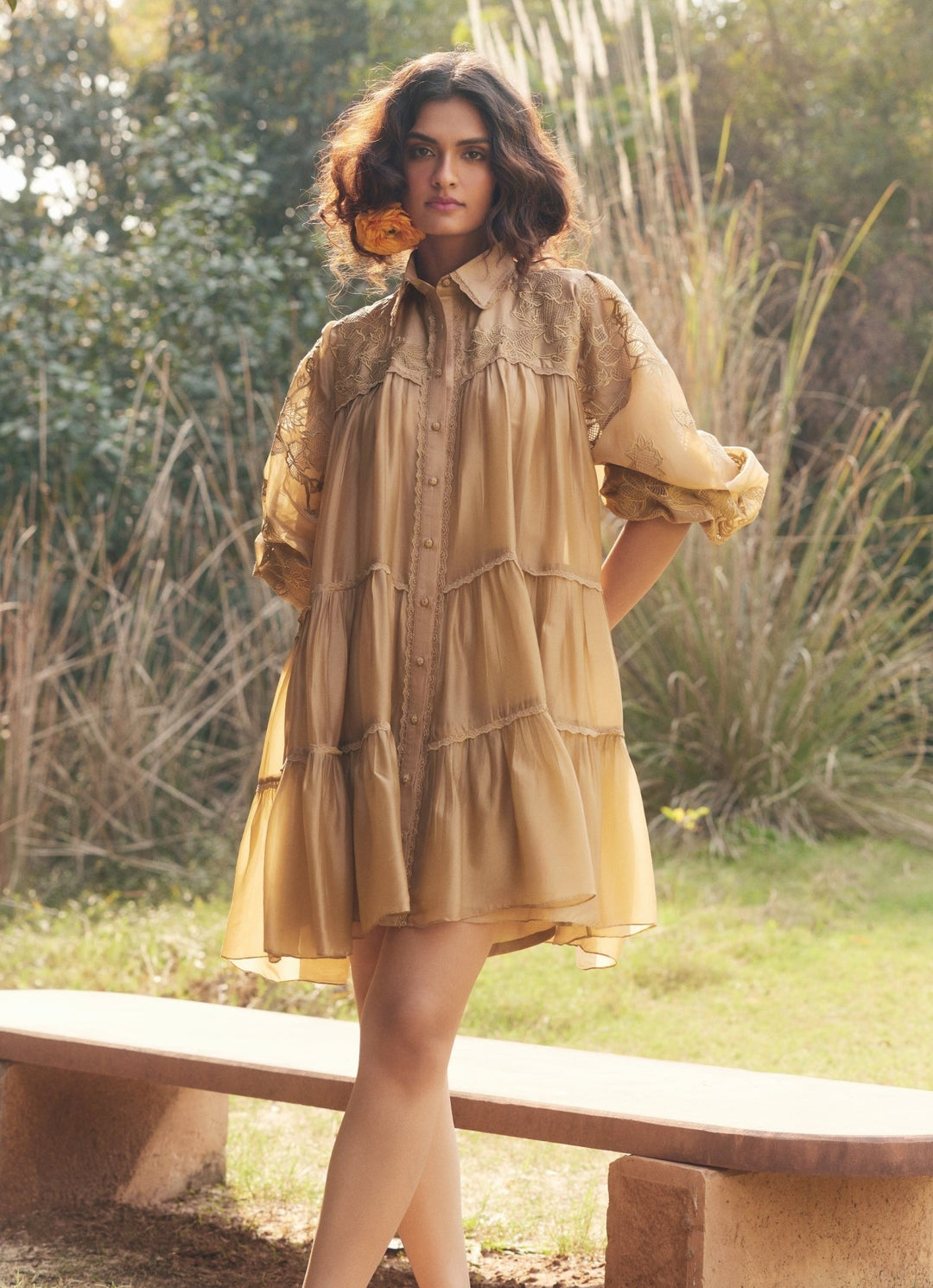 Beige Gold Silk Organza Dress Paulmi and Harsh - Fabilicious Fashion