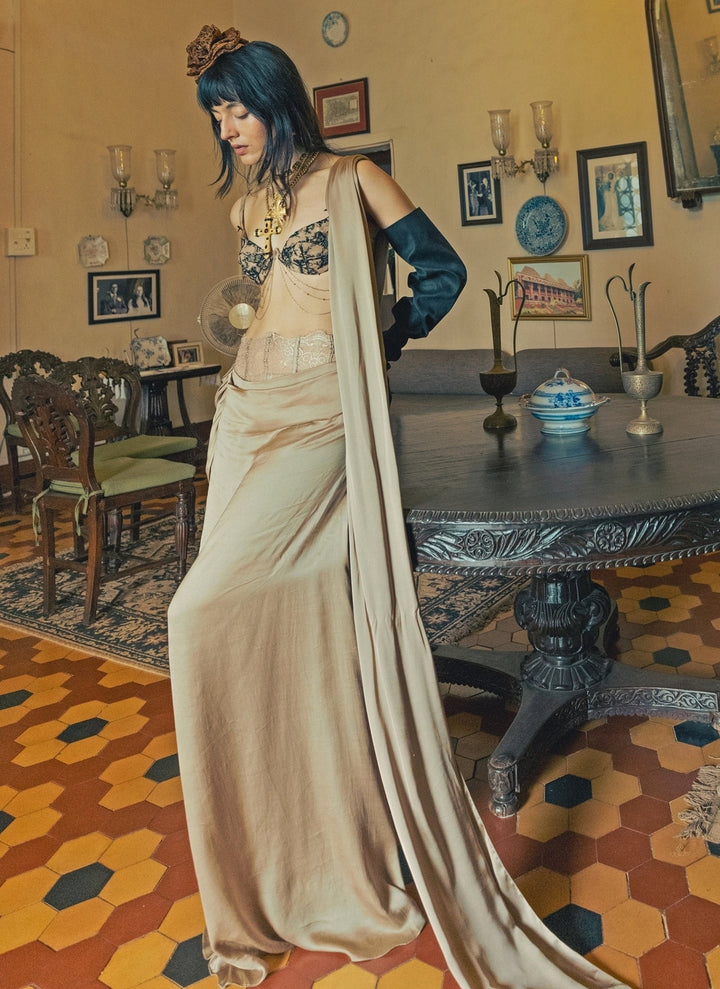 The Little Black Bow Beige Gold Silk Pre-Draped Saree With BraletteFabilicious Fashion
