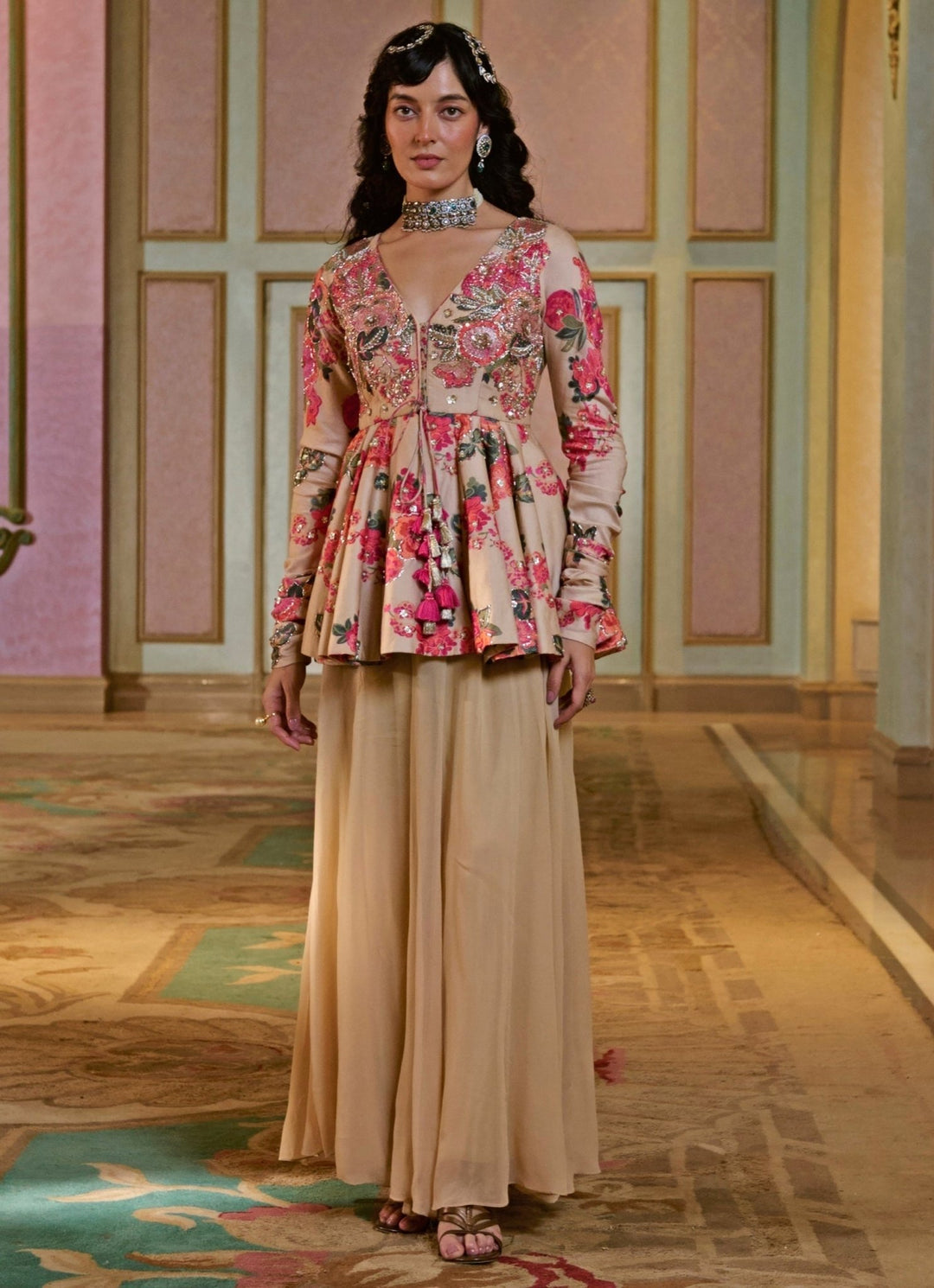 Beige Gold Silk Printed Peplum Palazzo Set Paulmi and Harsh - Fabilicious Fashion