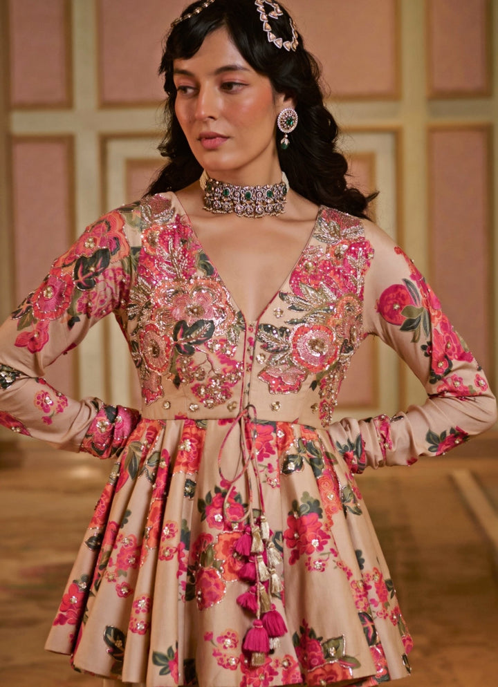 Beige Gold Silk Printed Peplum Palazzo Set Paulmi and Harsh - Fabilicious Fashion